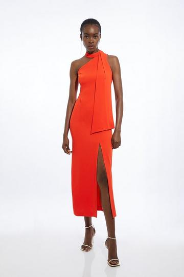 Soft Tailored Tie Neck Midi Dress tomato red